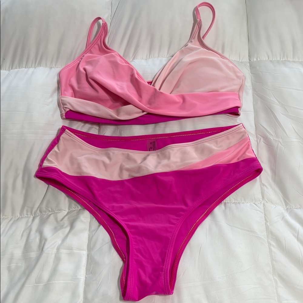 Cupshe Pink Bikini Set with High-Waist Bottom